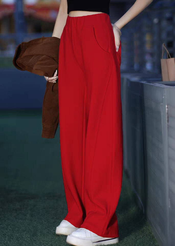 Red Elastic Waist Solid Warm Fleece Pants Pockets