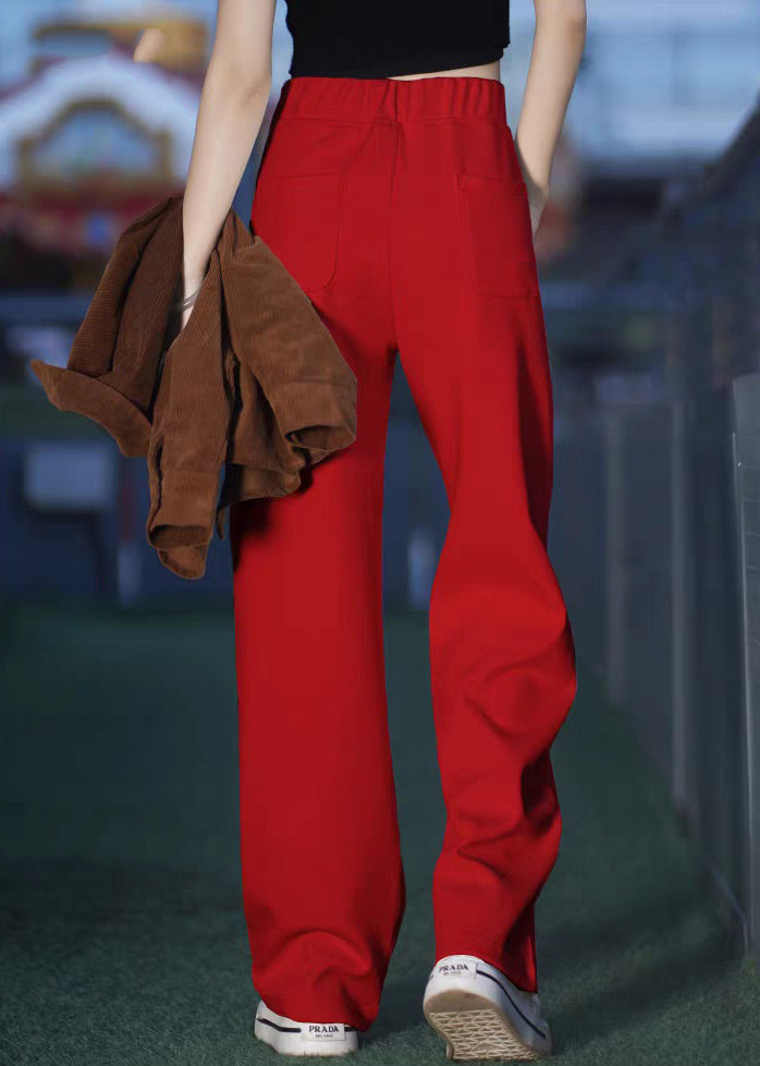 Red Elastic Waist Solid Warm Fleece Pants Pockets