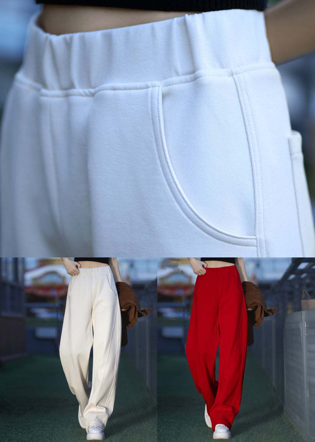 Red Elastic Waist Solid Warm Fleece Pants Pockets