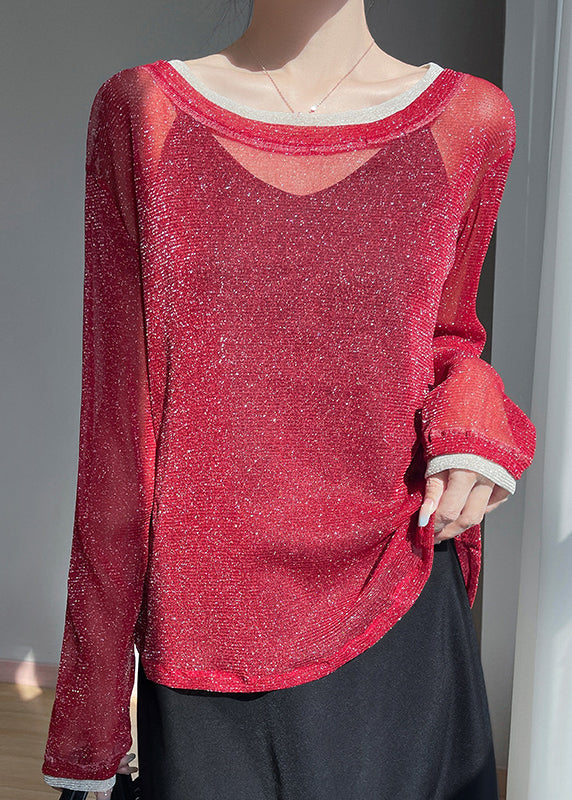 Red False Two Pieces Patchwork Summer Tulle T Shirt O Neck