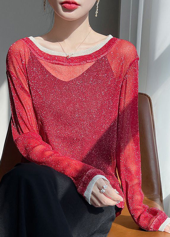 Red False Two Pieces Patchwork Summer Tulle T Shirt O Neck
