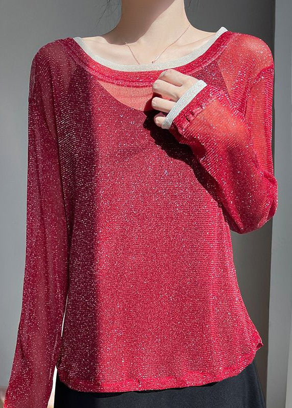 Red False Two Pieces Patchwork Summer Tulle T Shirt O Neck