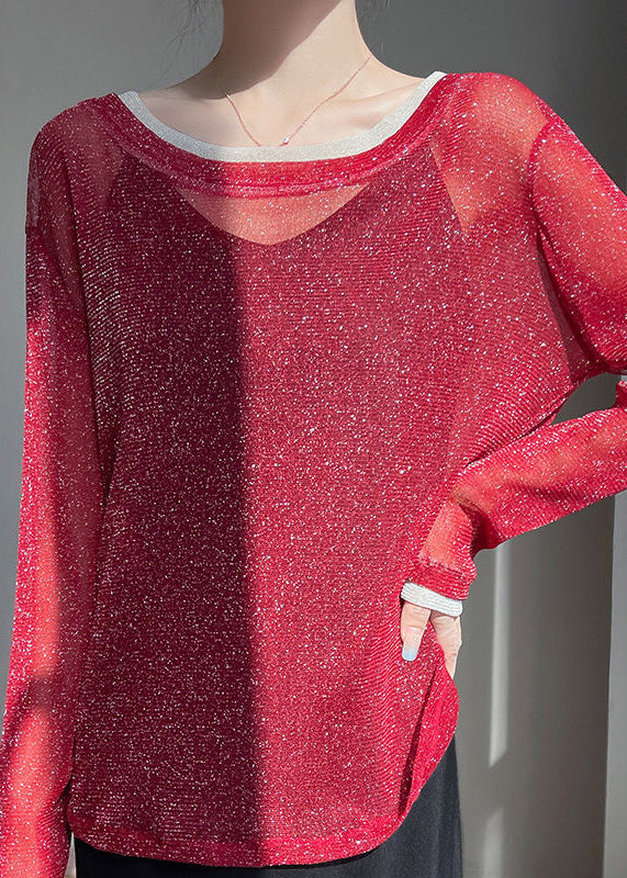Red False Two Pieces Patchwork Summer Tulle T Shirt O Neck