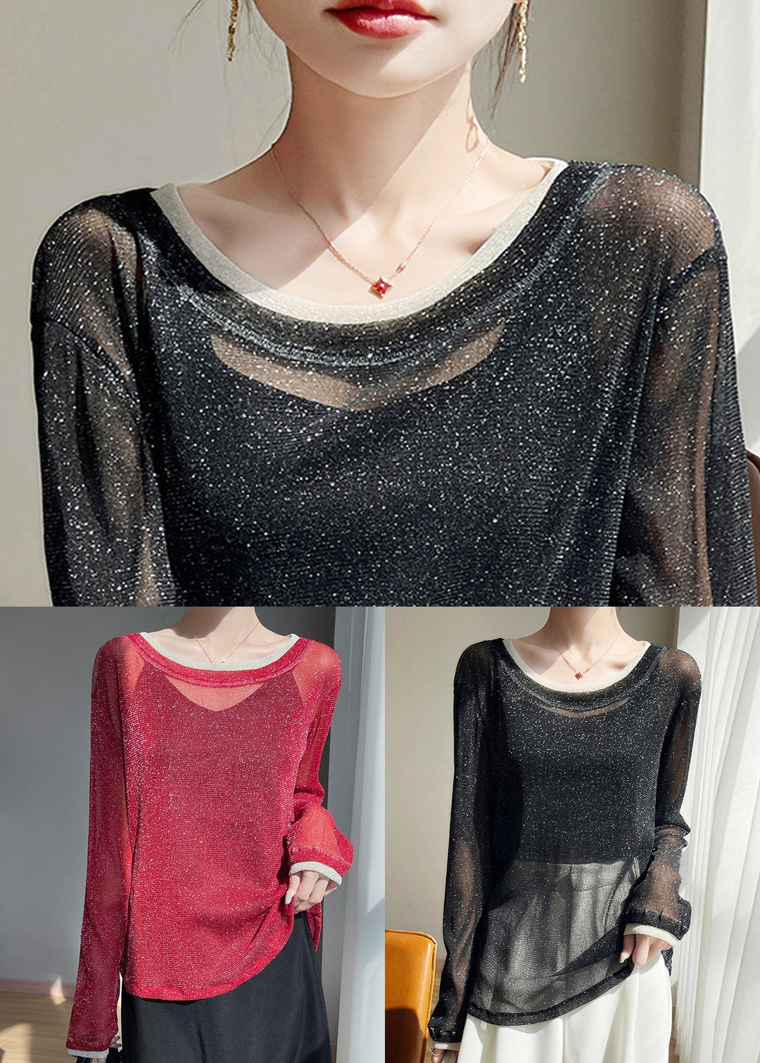 Red False Two Pieces Patchwork Summer Tulle T Shirt O Neck