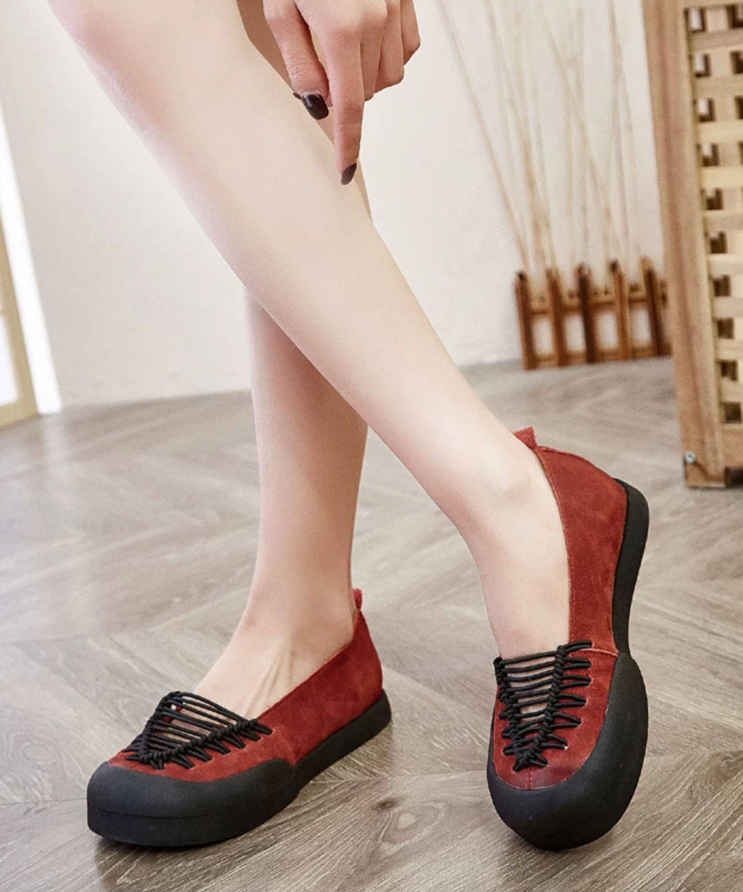 Red Flat Shoes Faux Leather Women Hollow Out Flats