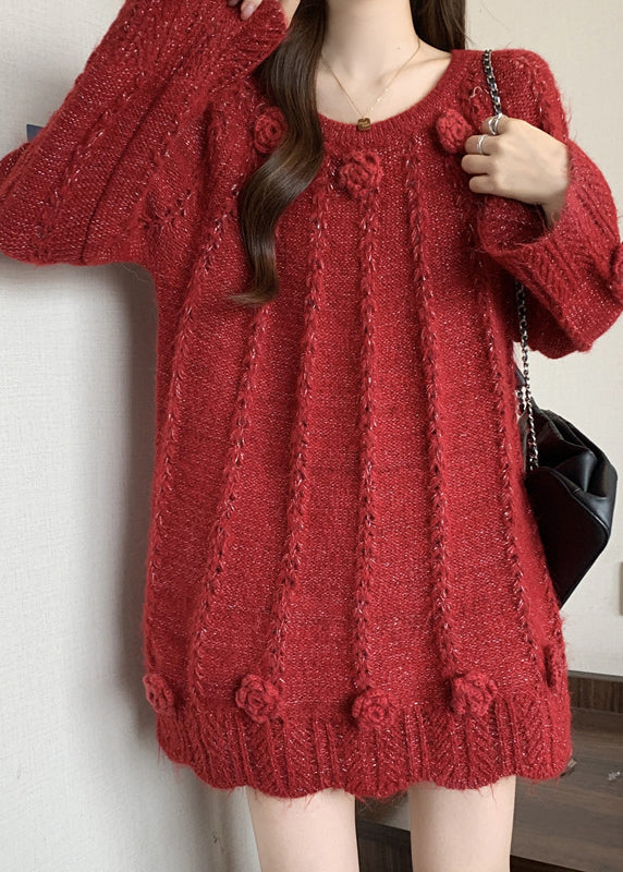 Red Floral Decorated Knit Sweaters Oversized Fall