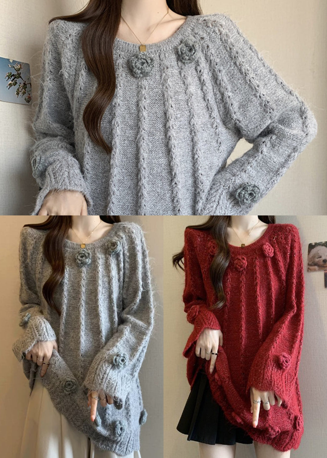 Red Floral Decorated Knit Sweaters Oversized Fall