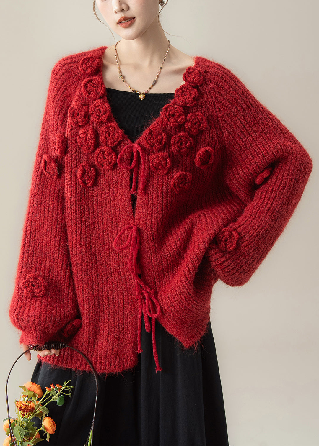 Red Floral Lace Up Knit Loose Cardigan V Neck