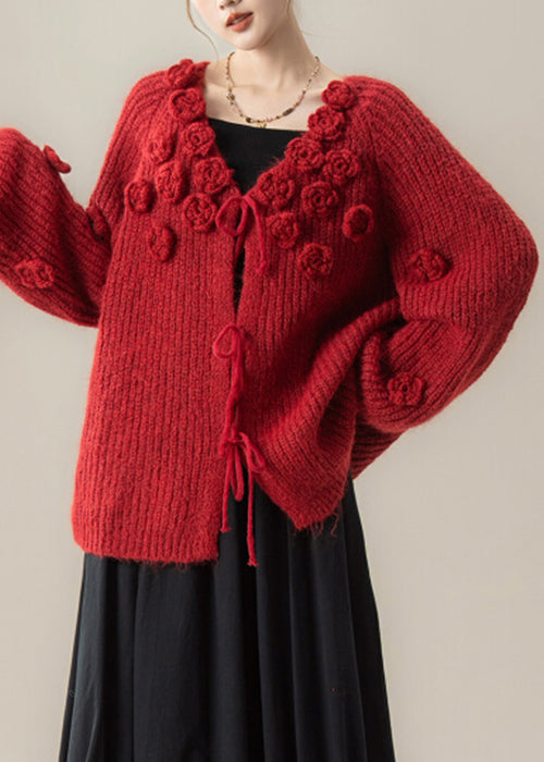 Red Floral Lace Up Knit Loose Cardigan V Neck