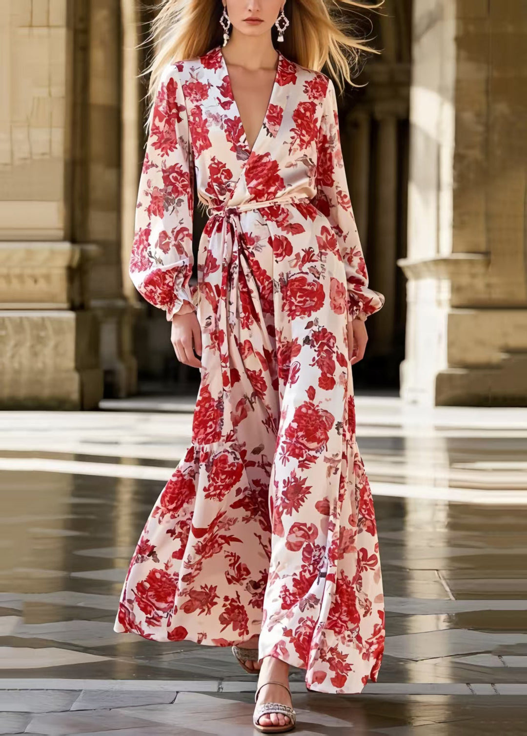 Red Flower Print Draping Ice Silk Shirt Dress Tie Waist Spring