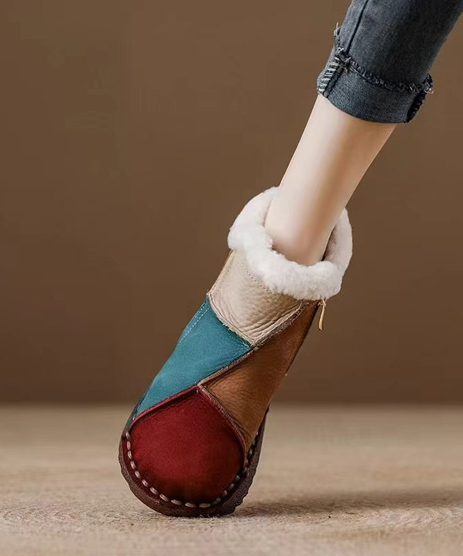 Red Fuzzy Wool Lined Cowhide Leather Comfortable Splicing Boots