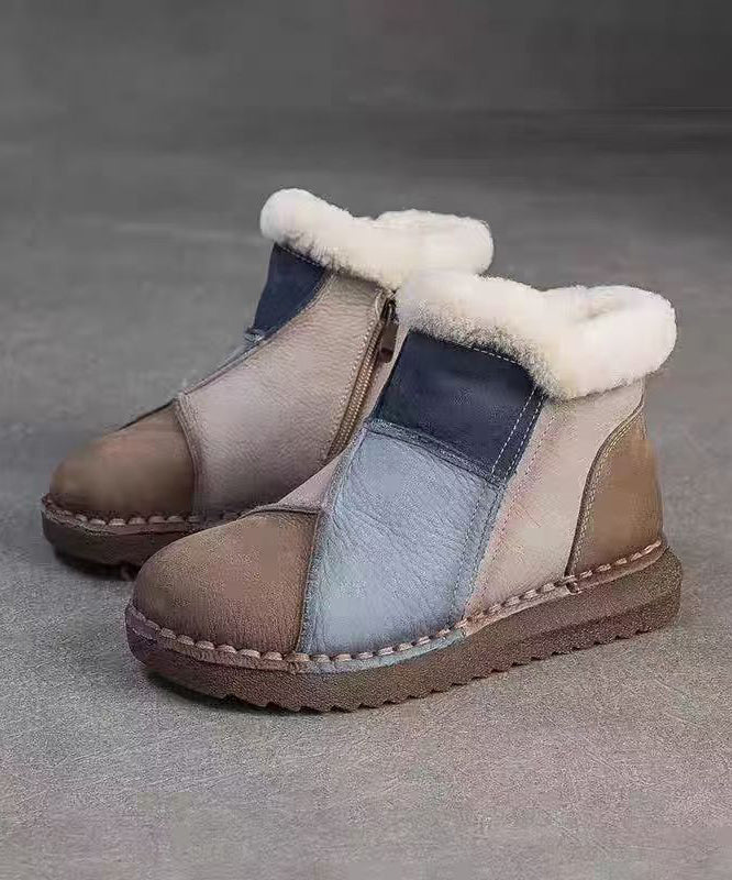 Red Fuzzy Wool Lined Cowhide Leather Comfortable Splicing Boots