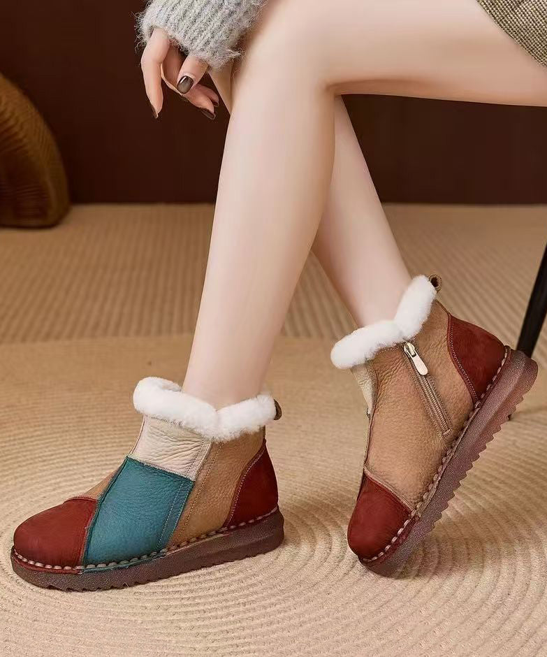 Red Fuzzy Wool Lined Cowhide Leather Comfortable Splicing Boots