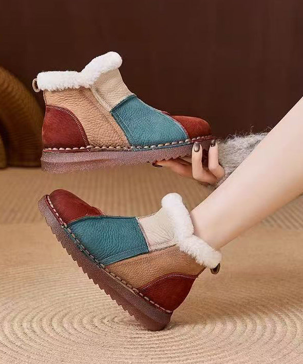 Red Fuzzy Wool Lined Cowhide Leather Comfortable Splicing Boots