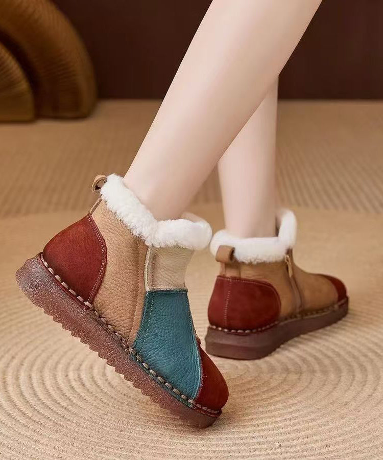 Red Fuzzy Wool Lined Cowhide Leather Comfortable Splicing Boots