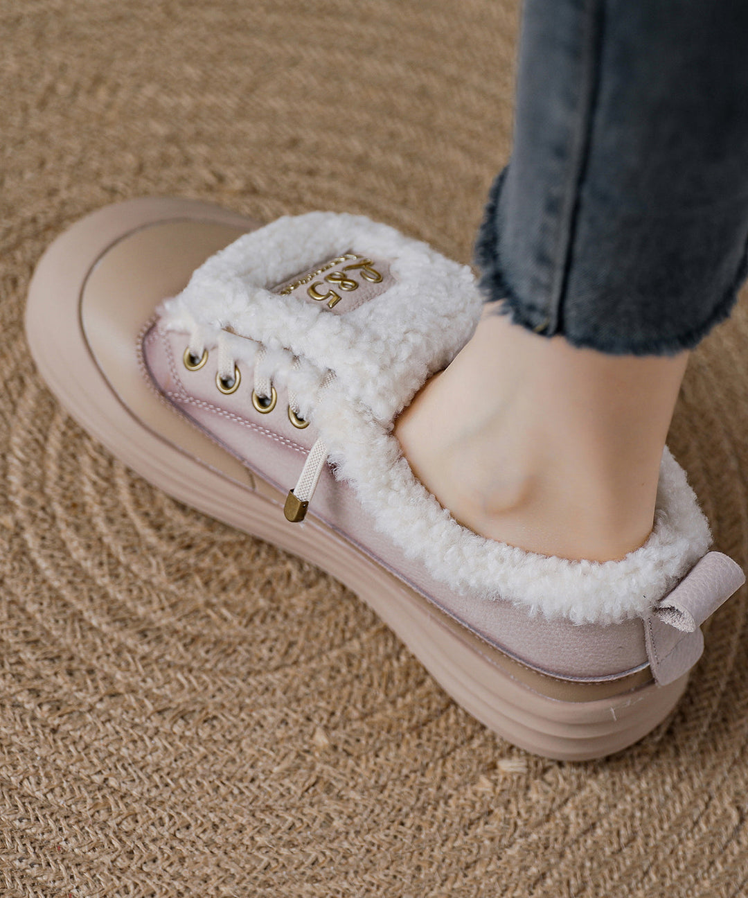 Red Fuzzy Wool Lined Splicing Platform Flat Shoes Women