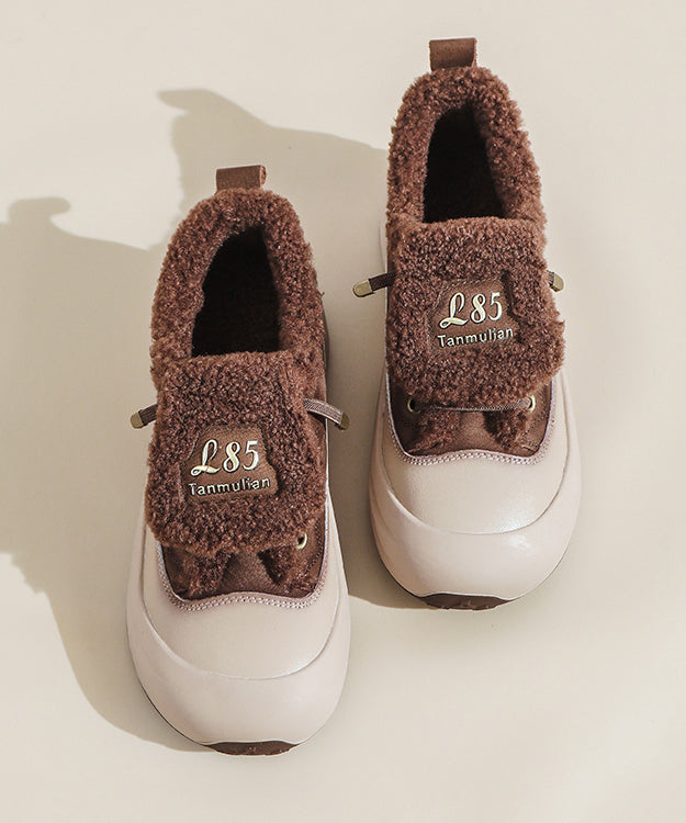 Red Fuzzy Wool Lined Splicing Platform Flat Shoes Women