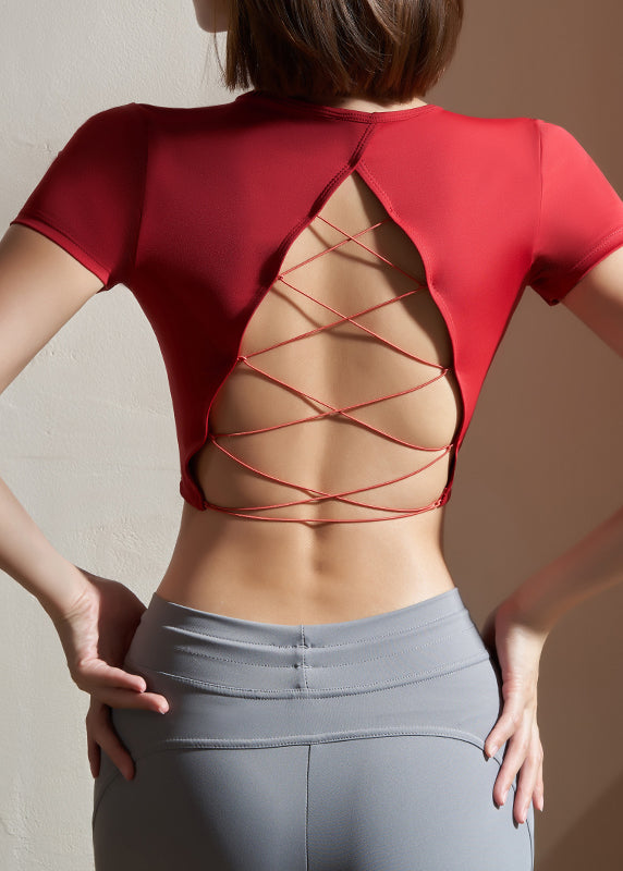 Red Hollow Out Solid Workout Yoga Top