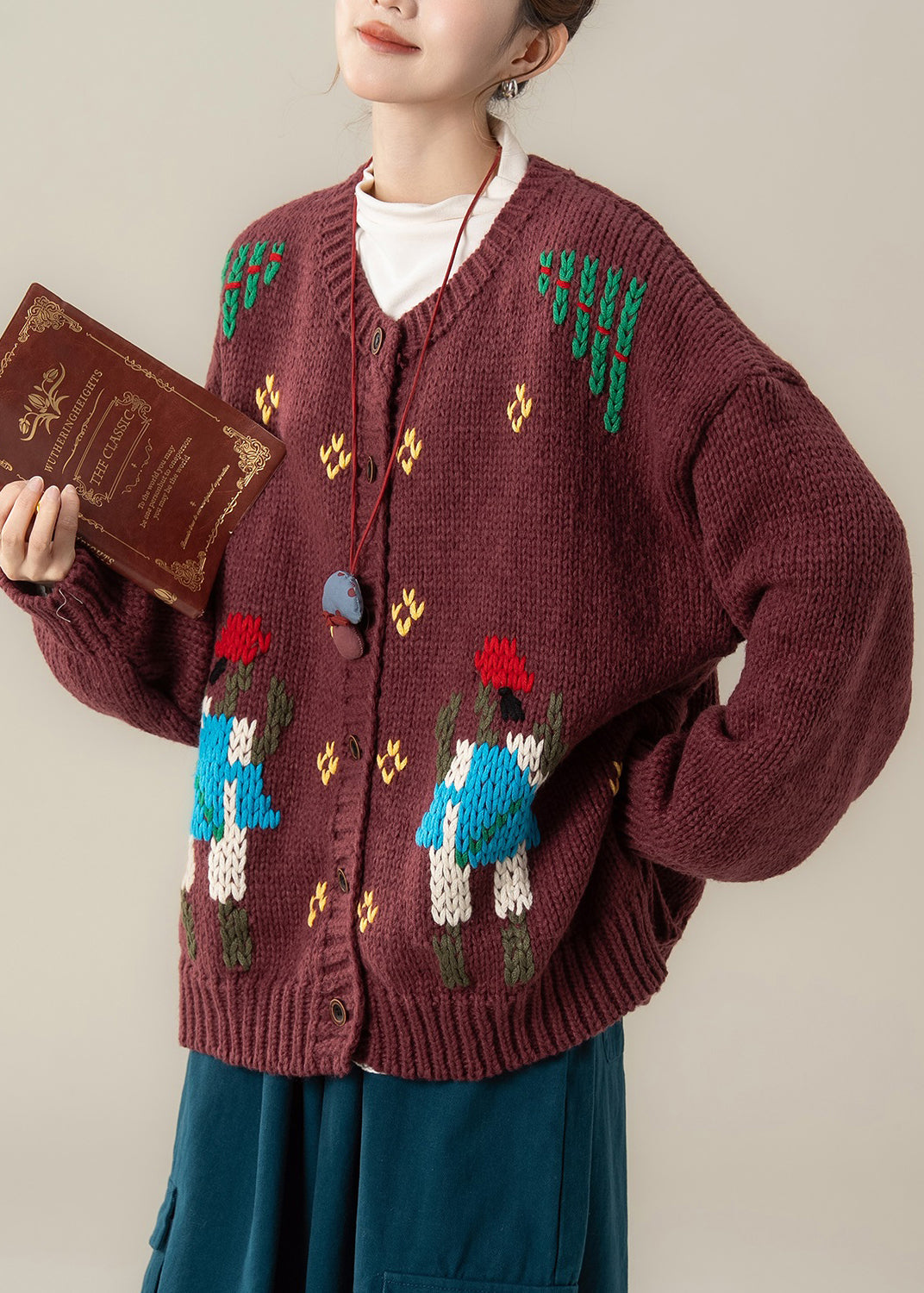 Red Jacquard Cozy Oversized Knit Fall Coat O Neck