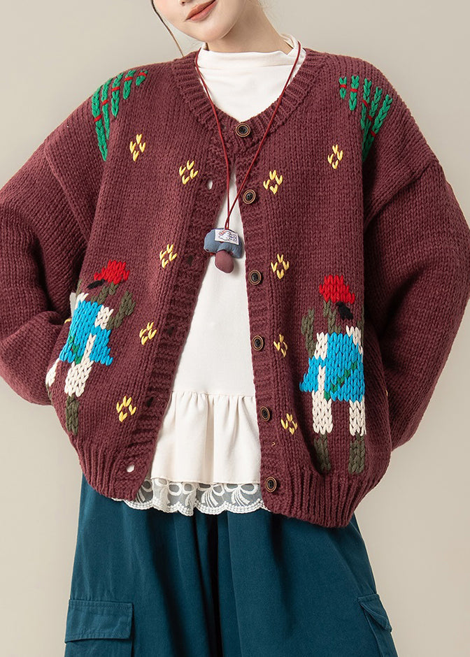 Red Jacquard Cozy Oversized Knit Fall Coat O Neck