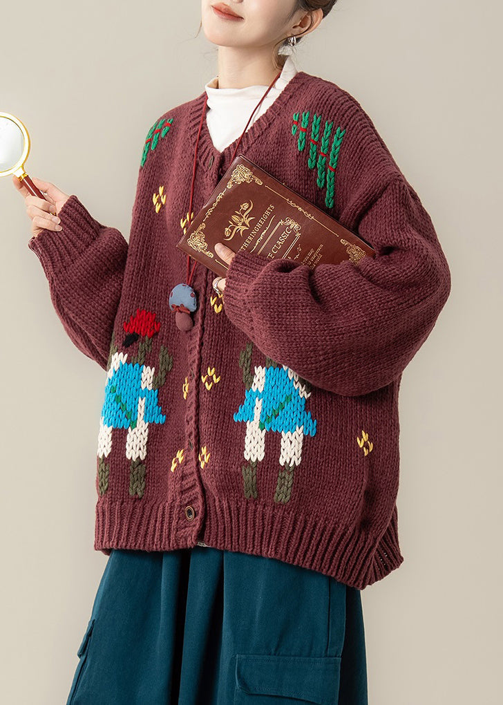 Red Jacquard Cozy Oversized Knit Fall Coat O Neck