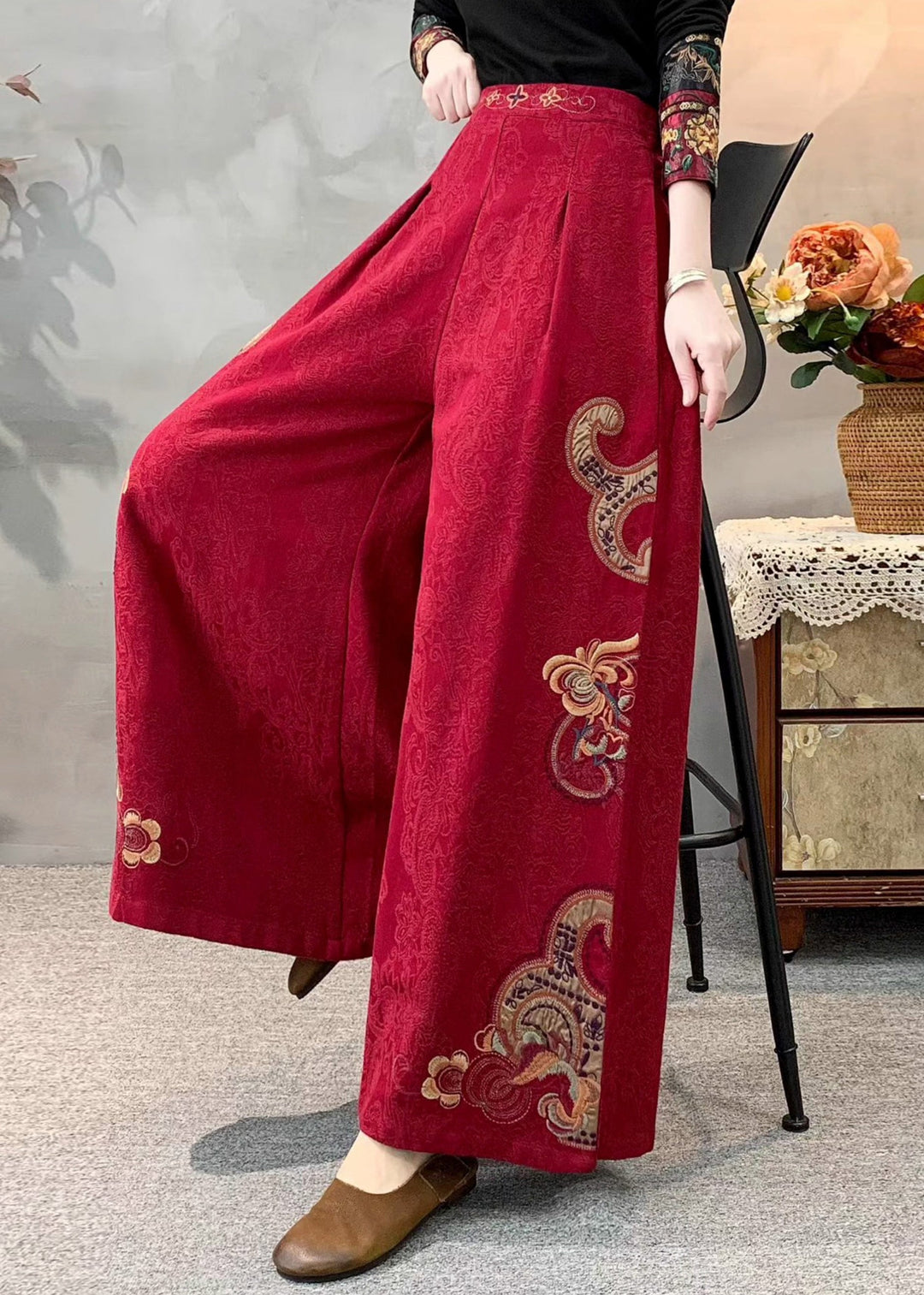 Red Jacquard Linen Wide Leg Pants Embroidered Spring