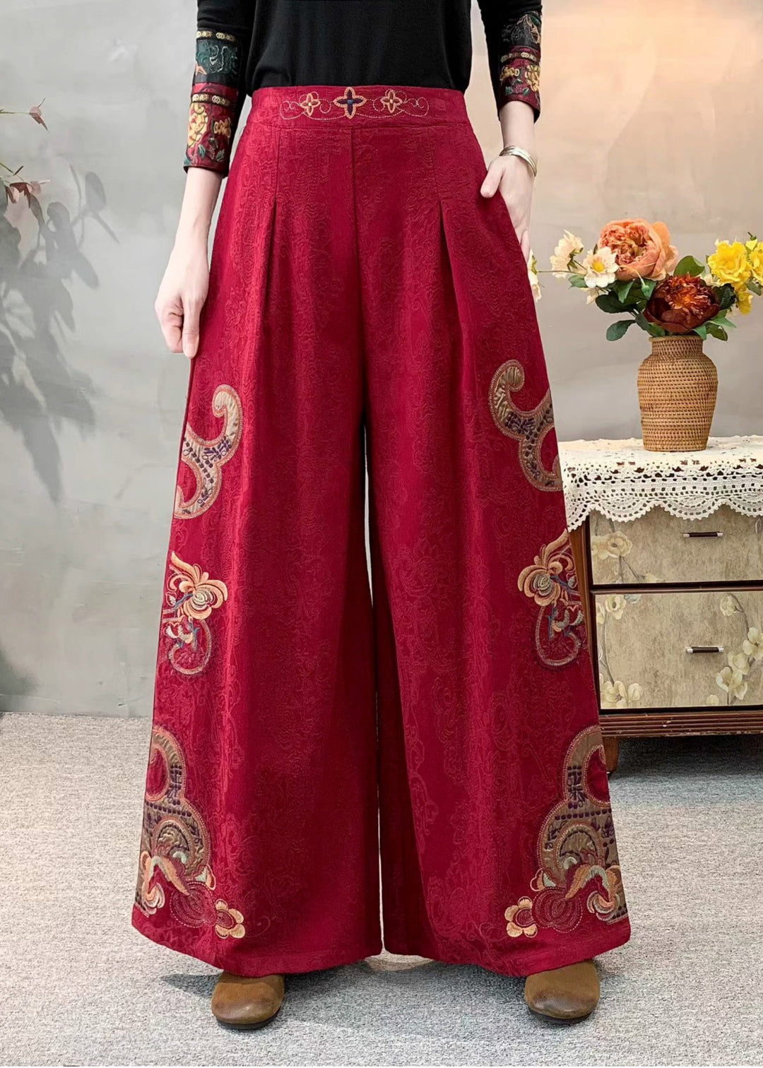 Red Jacquard Linen Wide Leg Pants Embroidered Spring