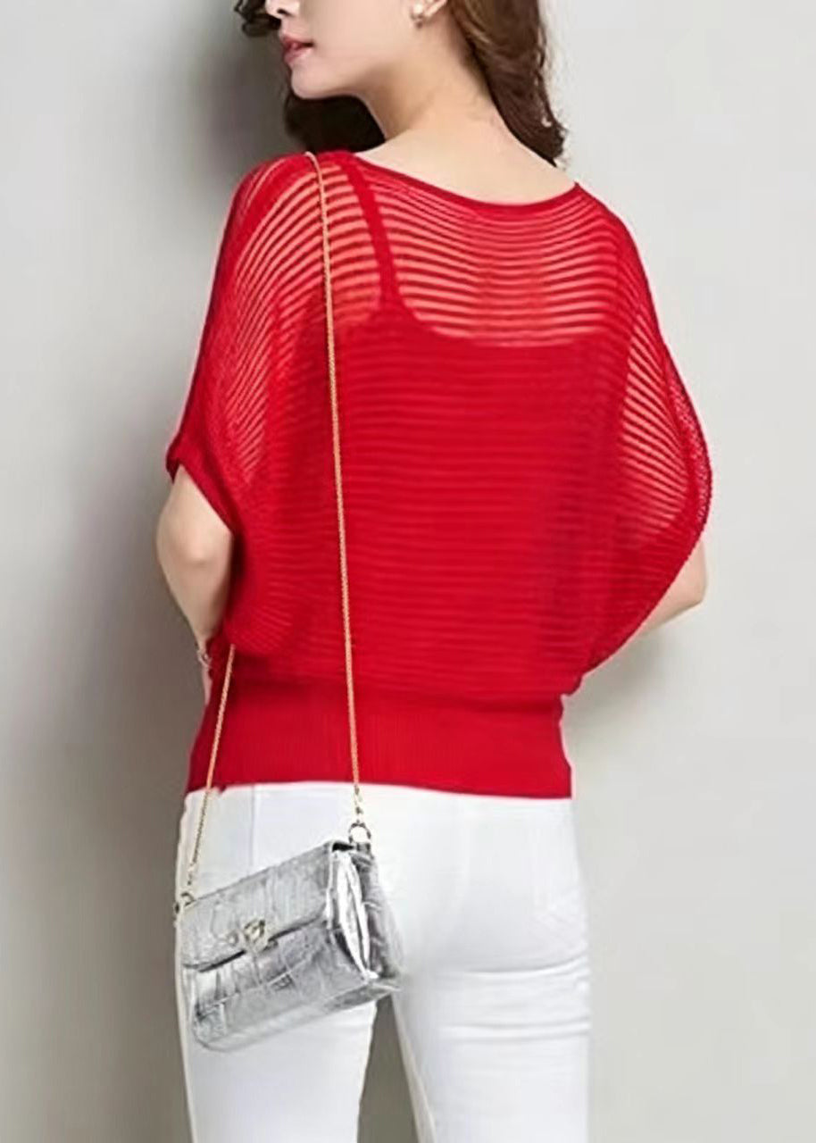 Red Knit Two Pieces Set Hollow Out Top And Camisole Batwing Sleeve