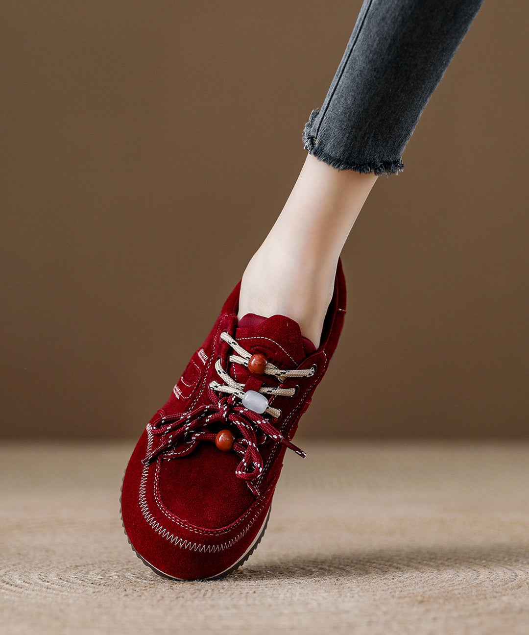 Red Lace Up Platform Suede Casual Splicing Flats