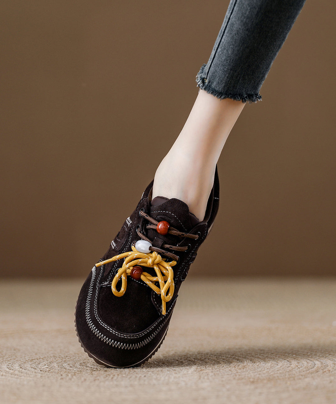 Red Lace Up Platform Suede Casual Splicing Flats