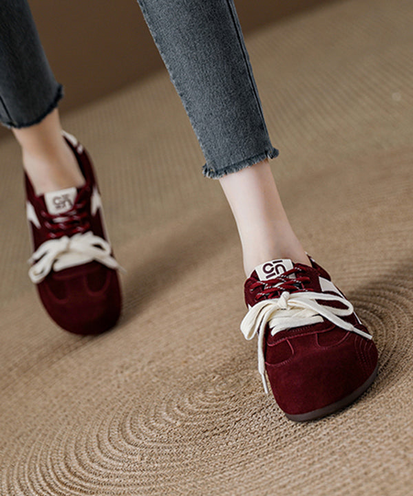 Red Lace Up Platform Suede Fashion Splicing Flat Shoes