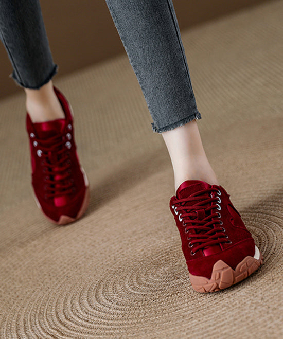 Red Lace Up Platform Suede Women Splicing Flats