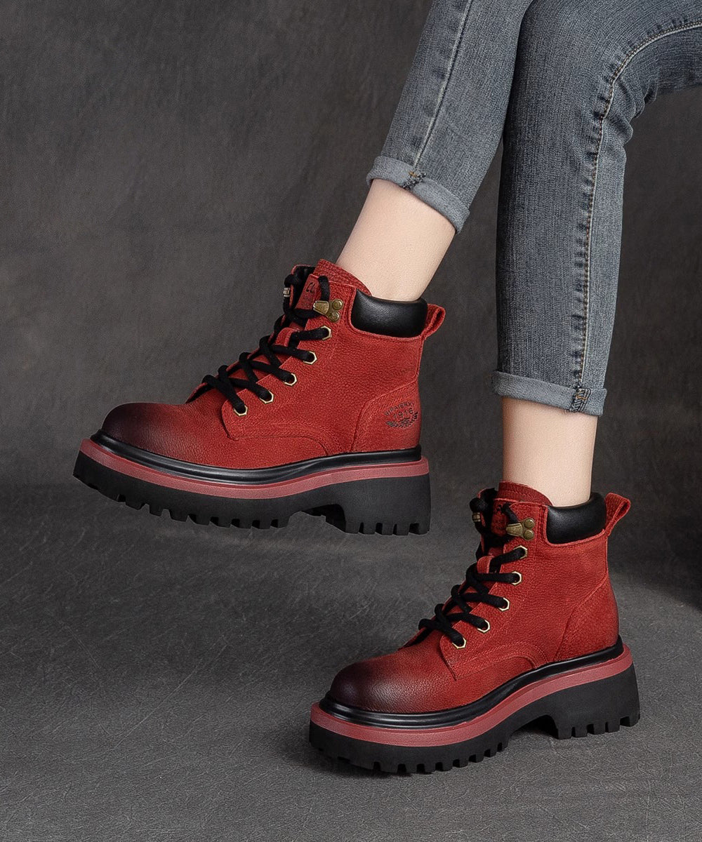 Red Lace Up Splicing Platform Cowhide Leather Boots