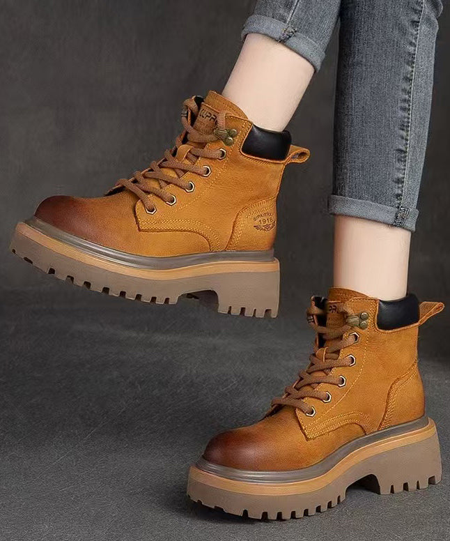 Red Lace Up Splicing Platform Cowhide Leather Boots