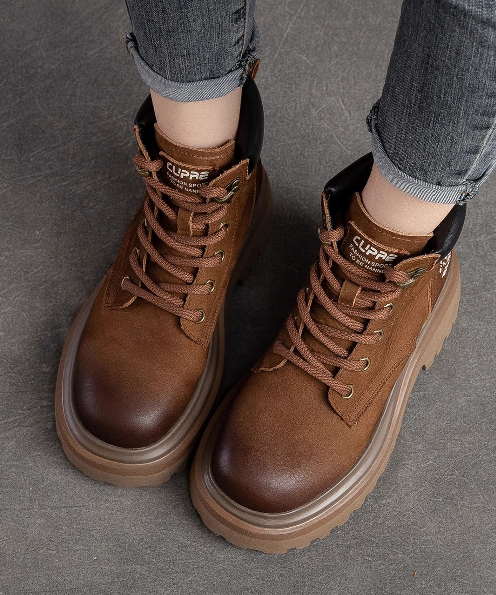 Red Lace Up Splicing Platform Cowhide Leather Boots