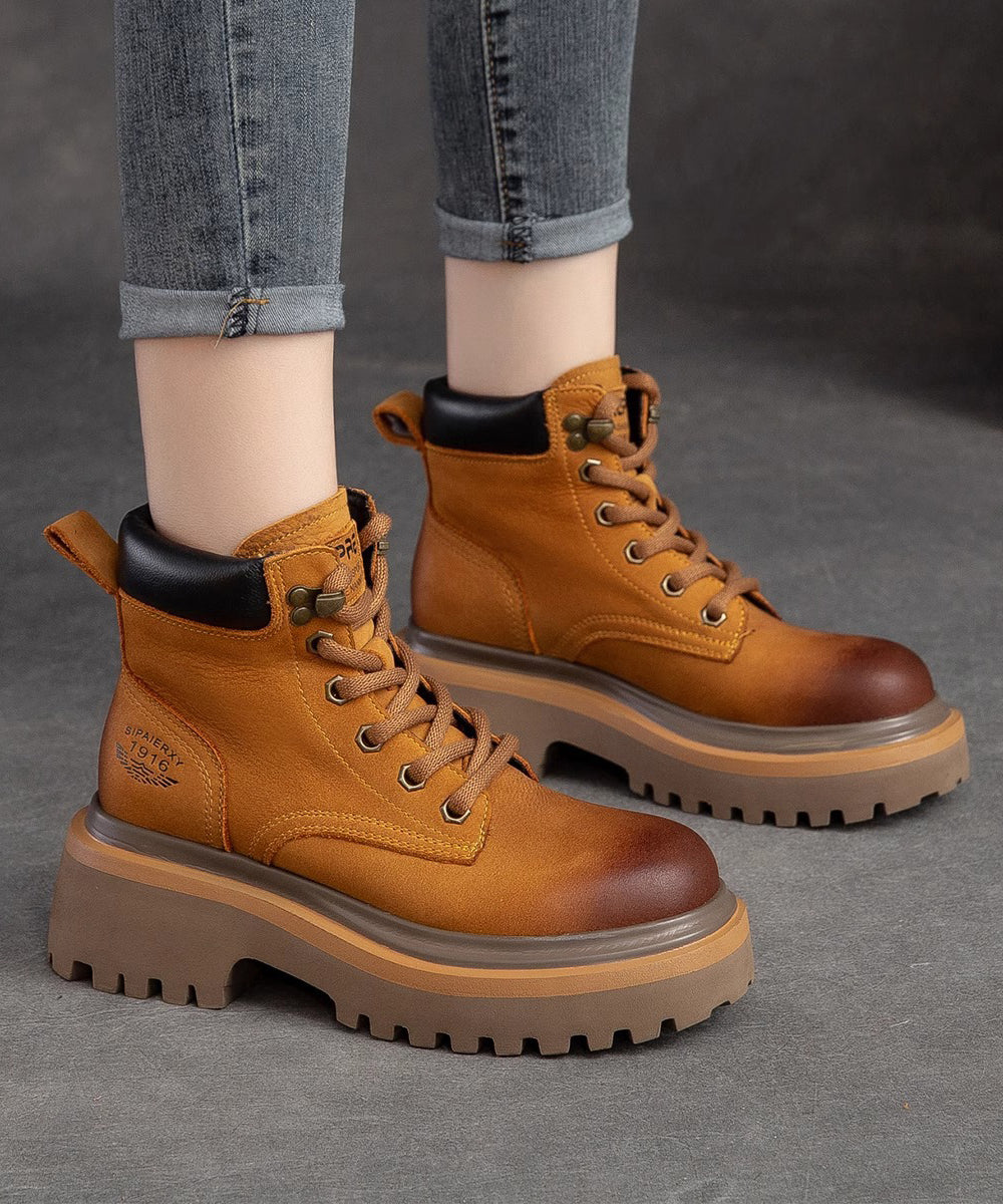 Red Lace Up Splicing Platform Cowhide Leather Boots