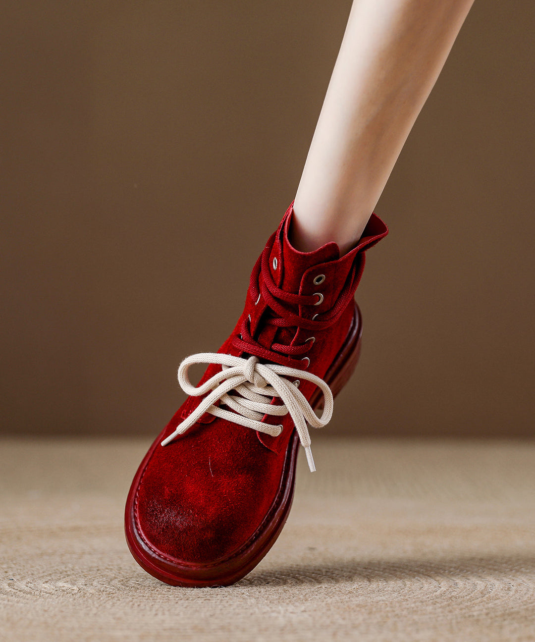 Red Lace Up Suede Splicing Boutique Chunky Boots