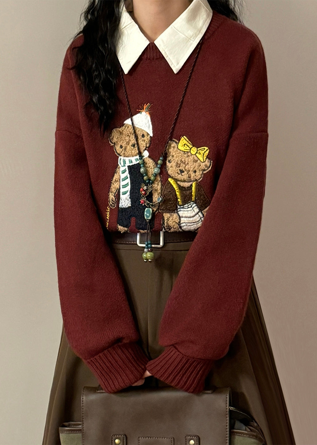 Red Little Bear Cozy Knit Sweaters Tops O Neck Spring