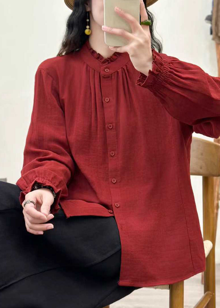 Red Loose Cotton Shirt Ruffled Stand Collar Fall