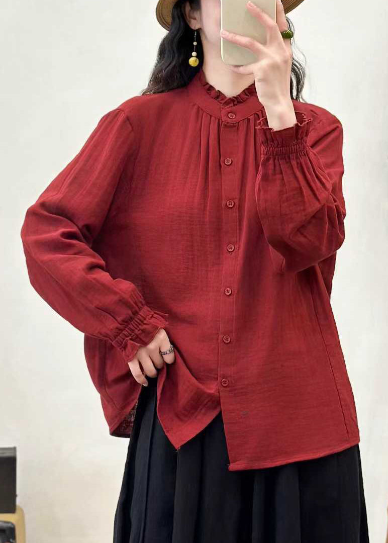 Red Loose Cotton Shirt Ruffled Stand Collar Fall