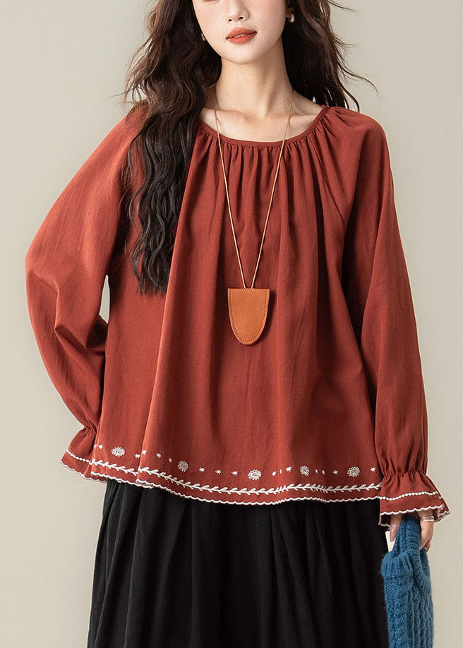Red O-Neck Patchwork Top Long Sleeve