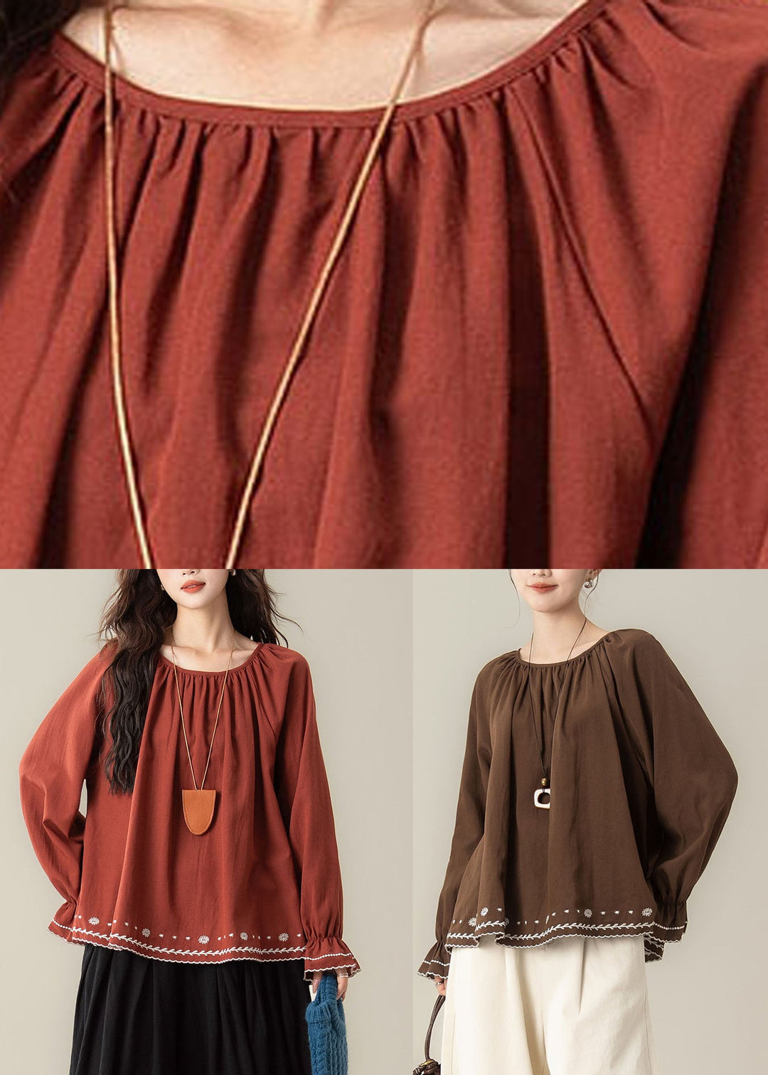Red O-Neck Patchwork Top Long Sleeve