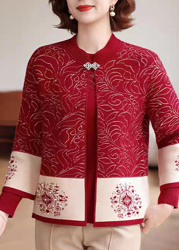 Red O-Neck Print Knit Coats And Sweaters Two Pieces Set Fall