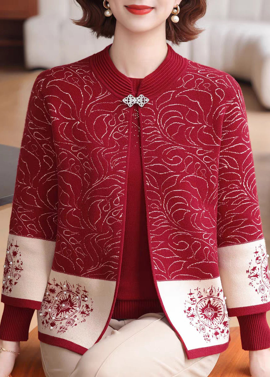 Red O-Neck Print Knit Coats And Sweaters Two Pieces Set Fall