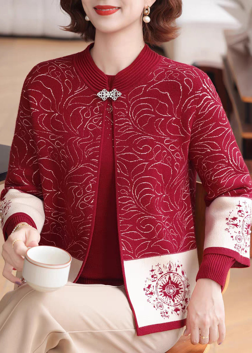 Red O-Neck Print Knit Coats And Sweaters Two Pieces Set Fall