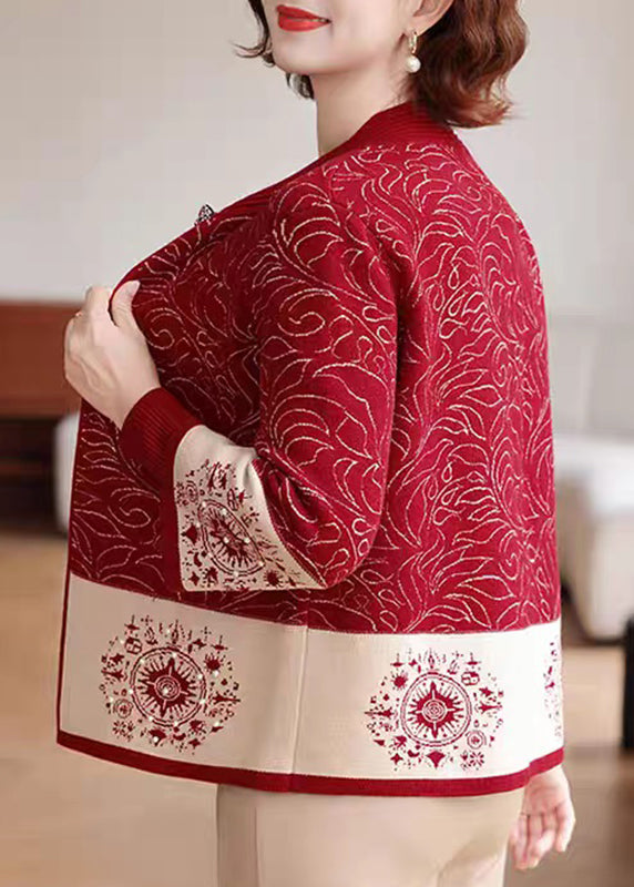 Red O-Neck Print Knit Coats And Sweaters Two Pieces Set Fall