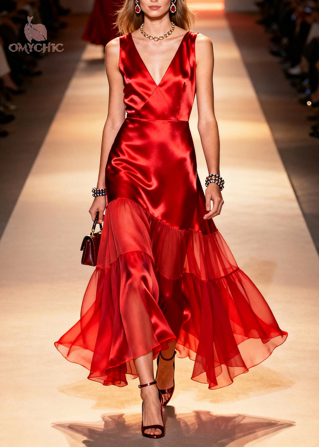 Red Patchwork Chiffon Silk Long Dress Exra Large Hem Summer