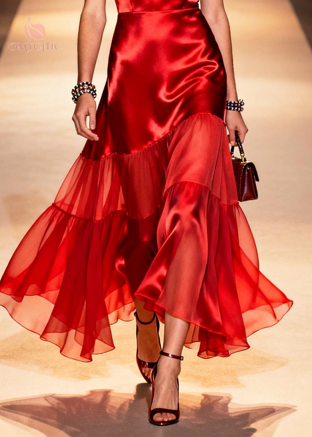 Red Patchwork Chiffon Silk Long Dress Exra Large Hem Summer