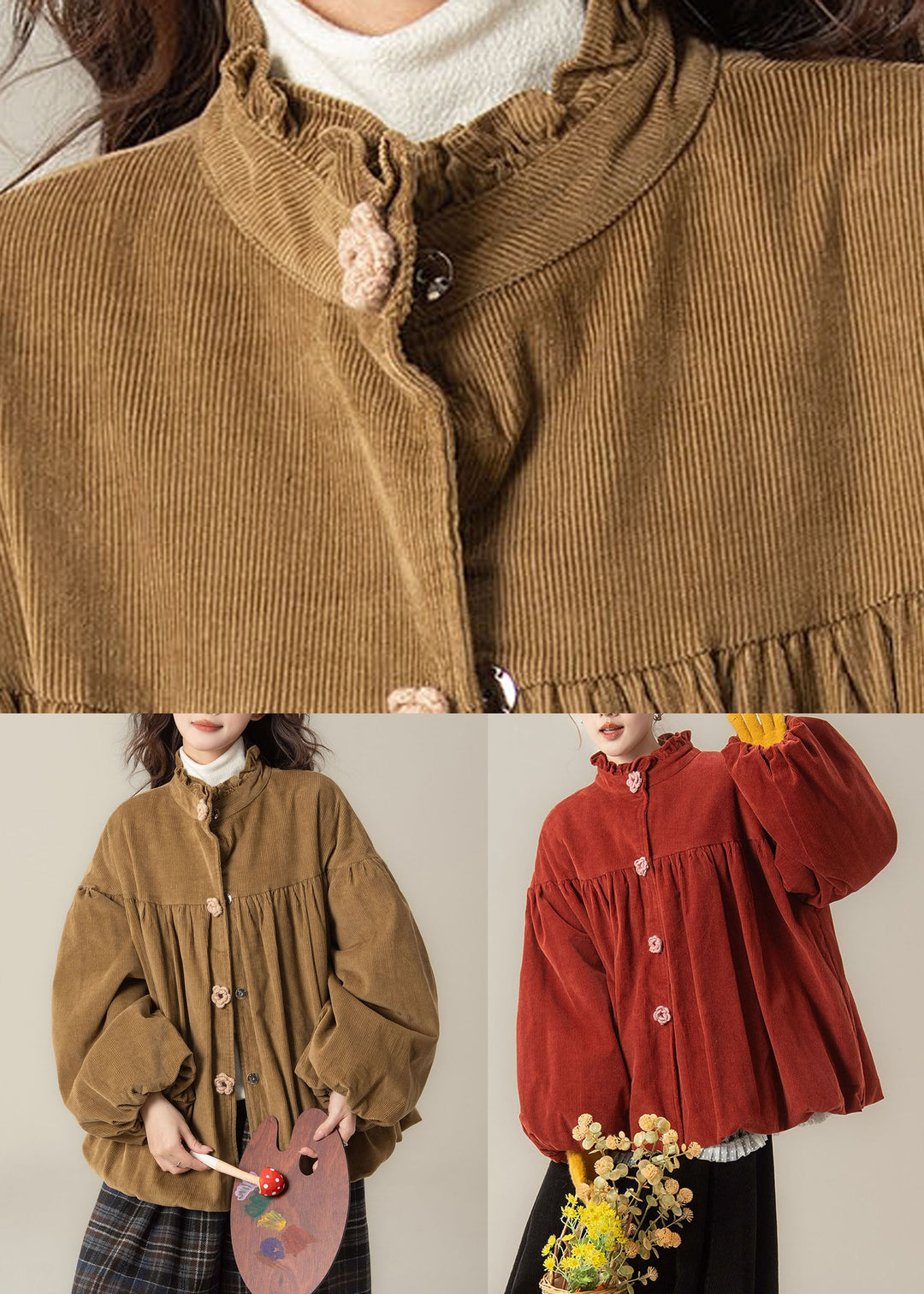 Red Patchwork Corduroy Womens Ruffled Lantern Sleeve