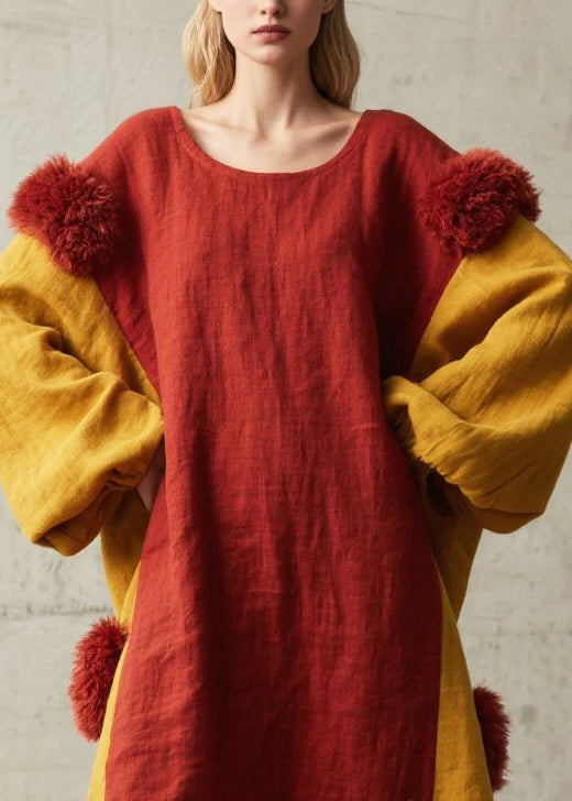 Red Patchwork Cotton Maxi Dress Oversized Fuzzy Ball Decorated  Fall